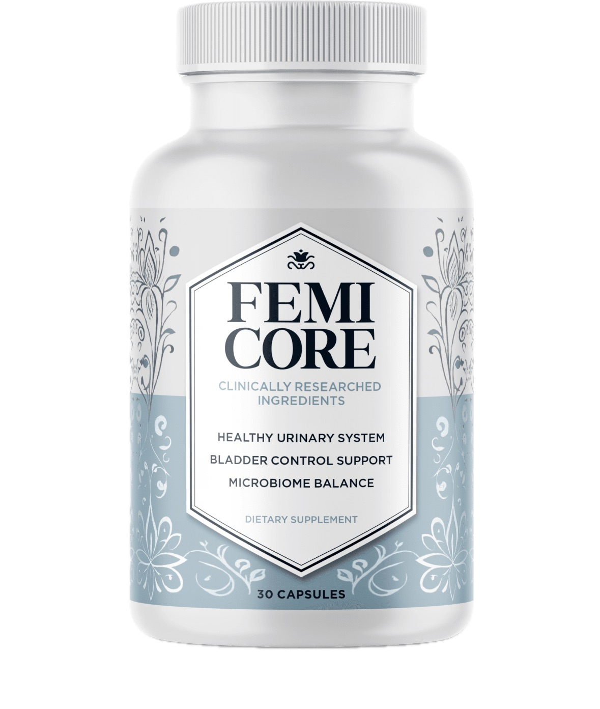 FemiCore bladder support supplement bottle — 30 capsules, clinically researched ingredients
