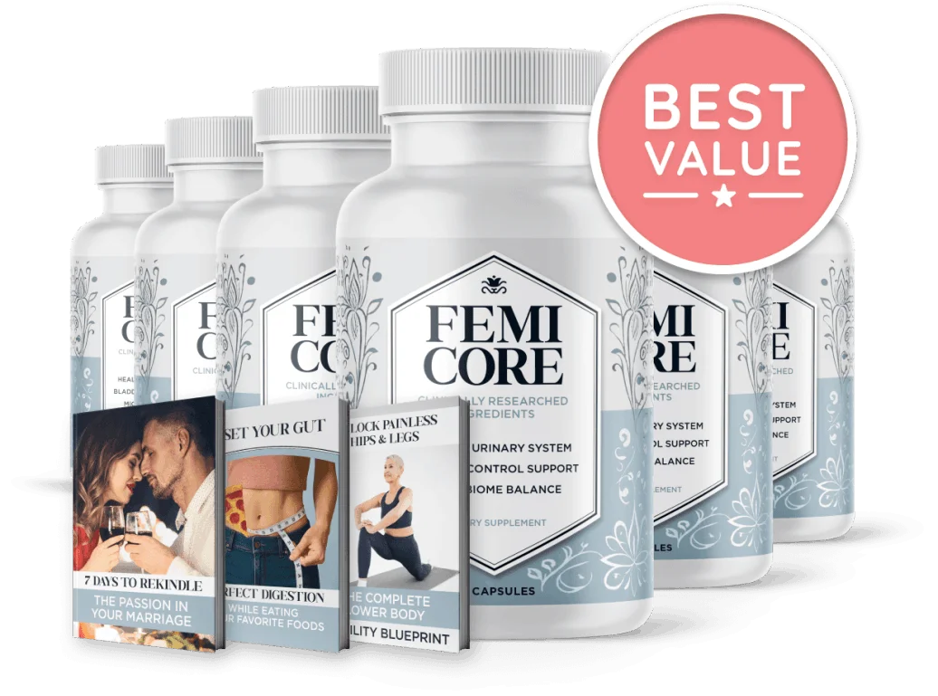 Six-bottle FemiCore package — best value with 3 free bonus guides and free US shipping